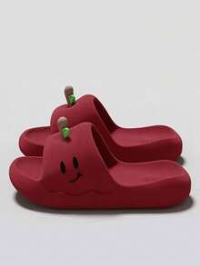 可爱苹果造型女士厚底EVA防滑软拖鞋，趣味卡通笑脸沙滩浴室卧室家居拖鞋，男女皆宜，新颖有趣的礼物 - 紅色 - 查看 10