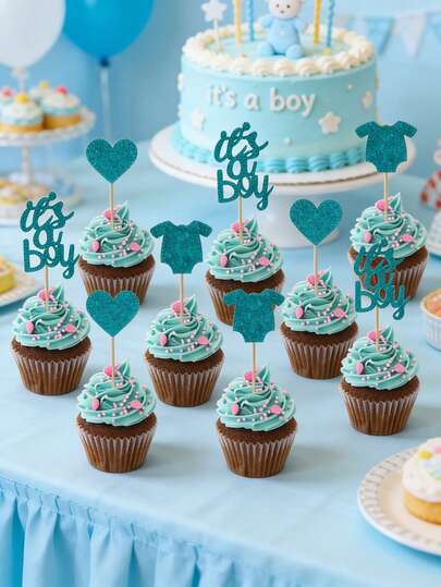 12 chiếc phụ kiện trang trí bánh kem màu xanh dương "It's A Boy" (Là bé trai), dùng trang trí bánh kem cho tiệc tiết lộ giới tính, sinh nhật, lễ hội.