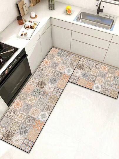 1 pieza Alfombra de cocina suave y absorbente de goma, alfombra absorbente de 3.5 mm de grosor para áreas grandes o pequeñas, con estilo bohemio vintage en tonos cálidos, hecha de docenas de baldosas con patrones que incluyen elementos florales, geométricos, de desplazamiento y de meandro, cada baldosa con detalles únicos, visualmente rica y armoniosa, creando un efecto de baldosas hechas a mano para decoración de habitaciones rectangulares