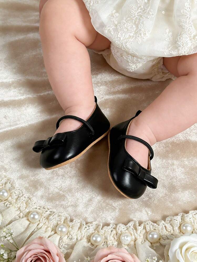 Newborn Infant Girls' Black Bow Mary Jane Flat Shoes, Soft Non-Slip Infant Toddler Shoes, Elegant Princess Style Newborn Infant Wedding Photography Shoes - Black - View 4