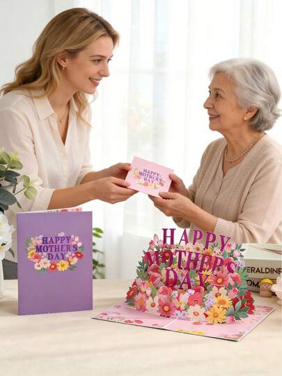 3D立体弹出式“最佳妈妈”贺卡 - 可折叠纸艺贺卡，封面印有色彩鲜艳的花卉图案“妈妈”字样和“我爱你，妈妈”，是母亲节和生日表达对最棒妈妈的爱与感激的理想之选。