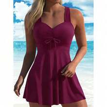 Women's Plant Print V-Neck Swimdress & Bottom Set, Casual Sleeveless Tankini Top & Shorts Two-Piece Swimsuit For Beach Holiday Vacation, Ladies Swimwear For All Seasons, Floral Print Swimsuit - Màu xanh Cadet - Xem 8