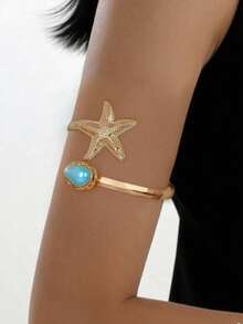 1件创意时尚新款海星开口手镯，仿巴洛克风格仿珍珠手链，优雅女士夏季沙滩派对婚礼假日音乐节礼物首饰 - 藍色 - 查看 1