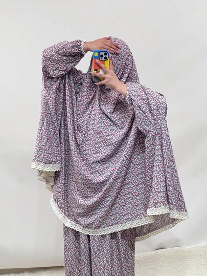 1pc Soft Plus Size Muslim Ditsy Floral Voile Hijab Top, Sleeve & Hem Contrast Lace,Beach,Holiday