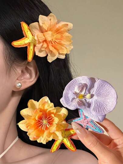2/4pcs Purple Flower Hair Clips, Bohemian Style Starfish Side Hair Clips, Holiday Hair Accessories