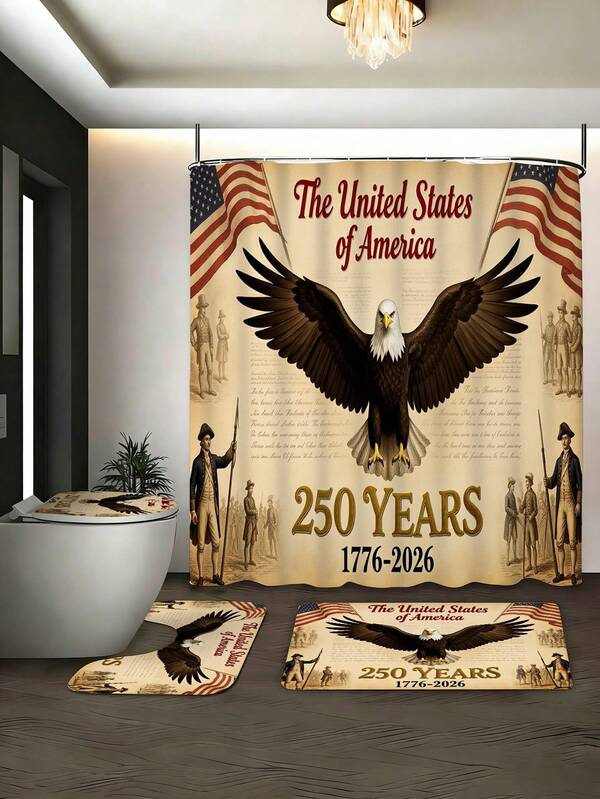 1/3/4pcs Vintage American 250th Anniversary Eagle Shower Curtain Set Home Decor, Bathroom Curtains, Bathroom Set, Bathroom Accessories, Includes Shower Curtain, Bathroom Shower Curtain Set. Multi-Size Shower Curtain Sets, Decorative Bathroom Accessories Include Shower Curtains, U-Shaped Toilet Seat Covers, Non-Slip Mats, Toilet Seat Covers, And 12 Shower Curtain Hooks. Suitable As Gifts For Housewarming, Birthdays, Holidays, And Between Boyfriends And Girlfriends.