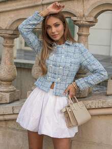 Women's Elegant Light Blue Double-Breasted Short Wool Coat - Blue - View 6