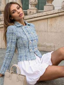 Women's Elegant Light Blue Double-Breasted Short Wool Coat - Blue - View 8