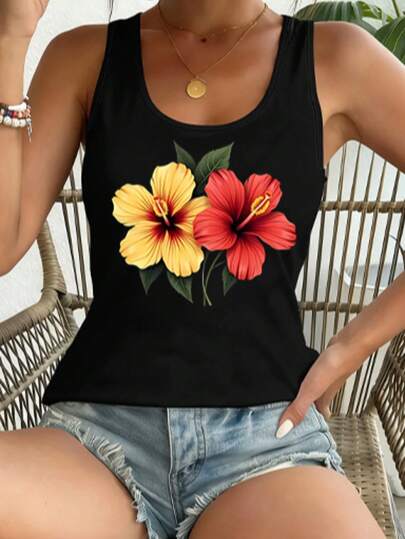 Women's Twin-Flowered Hibiscus Print Blouse With Bohemian Style For Tropical Summer Beach Casual Wear. Sleeveless Summer Top For Summer Vacation. Suitable For All-Day Wear. Whether You Are Traveling, Going To Work, Shopping, Or Relaxing At Home, This Comfortable Printed T-Shirt Is An Indispensable Must-Have Item In Your Summer Wardrobe. It Is Also Very Suitable As A Gift For Friends!