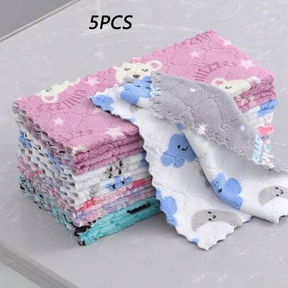 5PCS Kitchen Cleaning Cloths With Printed Design, Double-Layered, Thickened, Absorbent, Non-Oily, Suitable For Washing Dishes And Wiping Tables