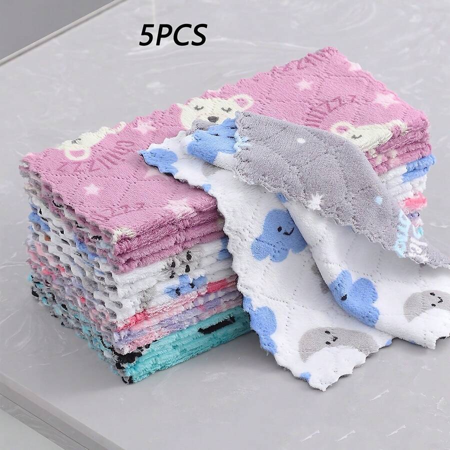 5PCS Kitchen Cleaning Cloths With Printed Design, Double-Layered, Thickened, Absorbent, Non-Oily, Suitable For Washing Dishes And Wiping Tables - 5 Cartoon Cleaning Cloths - View 1