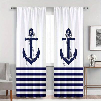 2pcs Minimalist Mediterranean-Style Curtains,Featuring Blue And White Stripes And An Anchor Pattern.They Have A Rod Pocket Design,2D Flat Print,And Are Made Of Polyester.Suitable For Living Rooms,Bedrooms,And Kitchens,And Can Be Used Year-Round.