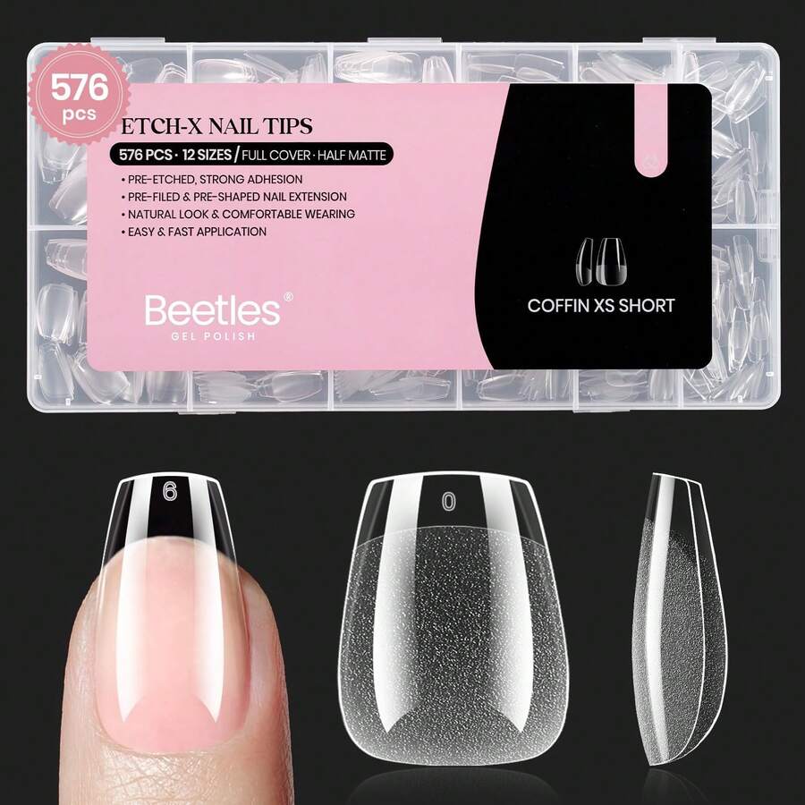 Beetles Soft Gel Nail Tips Short Almond 288pcs In 12 Sizes, Etch-X Pre-Etched Full Cover Acrylic Fake Nails Art - Coffin Extra Short 576pcs (Etch X Nail Tips ) - 查看 1