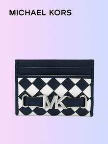 Michael Kors Tarjetero de cuero con estampado de lagarto  con cinturón y decoración de metal , diseño elegante con 4 ranuras exteriores para tarjetas y espacio de almacenamiento interior adicional, accesorio perfecto para combinar con la bolsa tipo cubo  para la moda diaria - Azul Marino - Ver 1