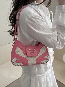 Túi xách tay hình lưỡi liềm bằng rơm ghép mảnh kiểu vintage mới, trang trí đinh tán, dây đeo khóa kim loại, khóa kéo, dây đeo vai có thể điều chỉnh, dung tích nhỏ, nhẹ, tối giản. - Hồng - Xem 3