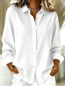 Plus Size Women Casual Basic Long Sleeve Shirt White - White - View 1