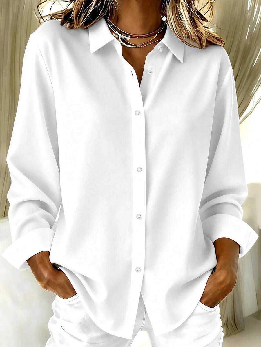 Plus Size Women Casual Basic Long Sleeve Shirt White - White - View 1