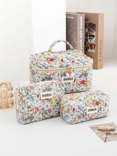 1/3pcs Set Large Capacity Travel Makeup Bag, Quilted Travel Toiletry Bag, Floral Zipper Portable Travel Toiletry Bag, Bohemian Style Cosmetic Bag, Portable Storage Pouch, Toiletry Bag, Travel Essentials Storage Bag, Back To School Supplies, Soft Fabric Makeup Bag, Fashion Women Wallet And Handbag, Suitable For Home, Travel, Vacation, School, Bedroom Essentials, Bridesmaid Gift, Mother's Day Gift, Birthday Gift