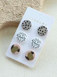 3 Pairs/1 Card Women's Dotted Abstract Symbol Print Ceramic Texture Cute Personalized Round Acrylic Earrings - Multicolor - View 3