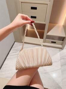 Moonlit Eve Bag, 1 Piece Minimalist Pleated Satin Clutch, Romantic Pearl Handbag, Suitable For Parties, Weddings, Graduation Galas, Can Be Paired With Holiday Outfits, Evening Gowns And Sequin Dresses - Apricot - View 9