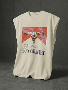 Camiseta sin mangas con gráfico de calavera de toro y eslogan de música country de los 90, top de tirantes casual de verano estilo vaquero y cowboy para hombres - Albaricoque - Ver 4