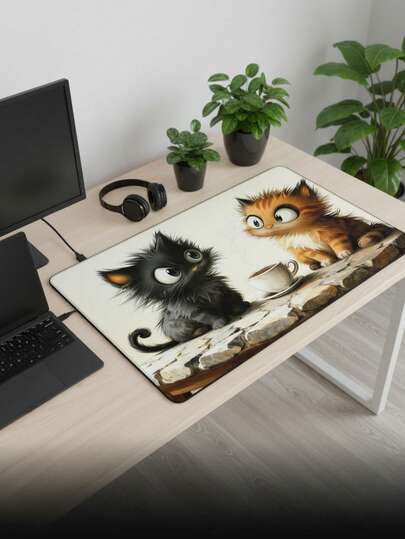 超大游戏鼠标垫 - 可爱黑橙猫咪咖啡主题设计，治愈系卡通风格，防滑橡胶底座，光滑表面，适用于办公、游戏、电脑、桌面、键盘等，是送给游戏玩家的理想礼物，兼容鼠标和轨迹球。