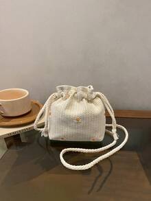 1个装度假雏菊刺绣抽绳水桶包，编织斜挎包，轻便单肩包，迷你沙滩包 - 非常适合女孩、青少年、学生，是海滩/度假/海边的完美之选 - 米色 - 查看 12