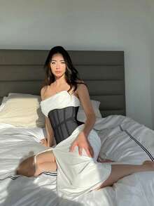 Đai định hình eo bằng lưới dành cho nữ, đai nịt eo dưới ngực, đai định hình eo có gọng thép buộc dây, thích hợp cho đám cưới và các buổi đi chơi. - màu đen - Xem 10