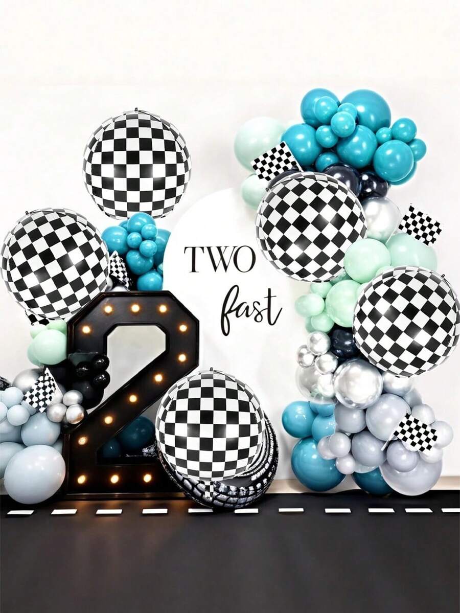 2/4/6 piezas Globos de coche de carreras a cuadros de aluminio, globos de coche de carreras a cuadros de 22 pulgadas 4D, globos a cuadros blanco y negro, decoraciones de fiesta de cumpleaños con tema de coche de carreras con cintas negras, adecuado para decoración de fiesta con tema de coche de carreras, baby shower - Multicolor - Ver 1
