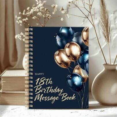 ספר אורחים אלגנטי בגודל A5, עם בלונים בצבע כחול נייבי וזהב, מתכנן מסיבות ליום הולדת 18, חתונה וימי נישואין