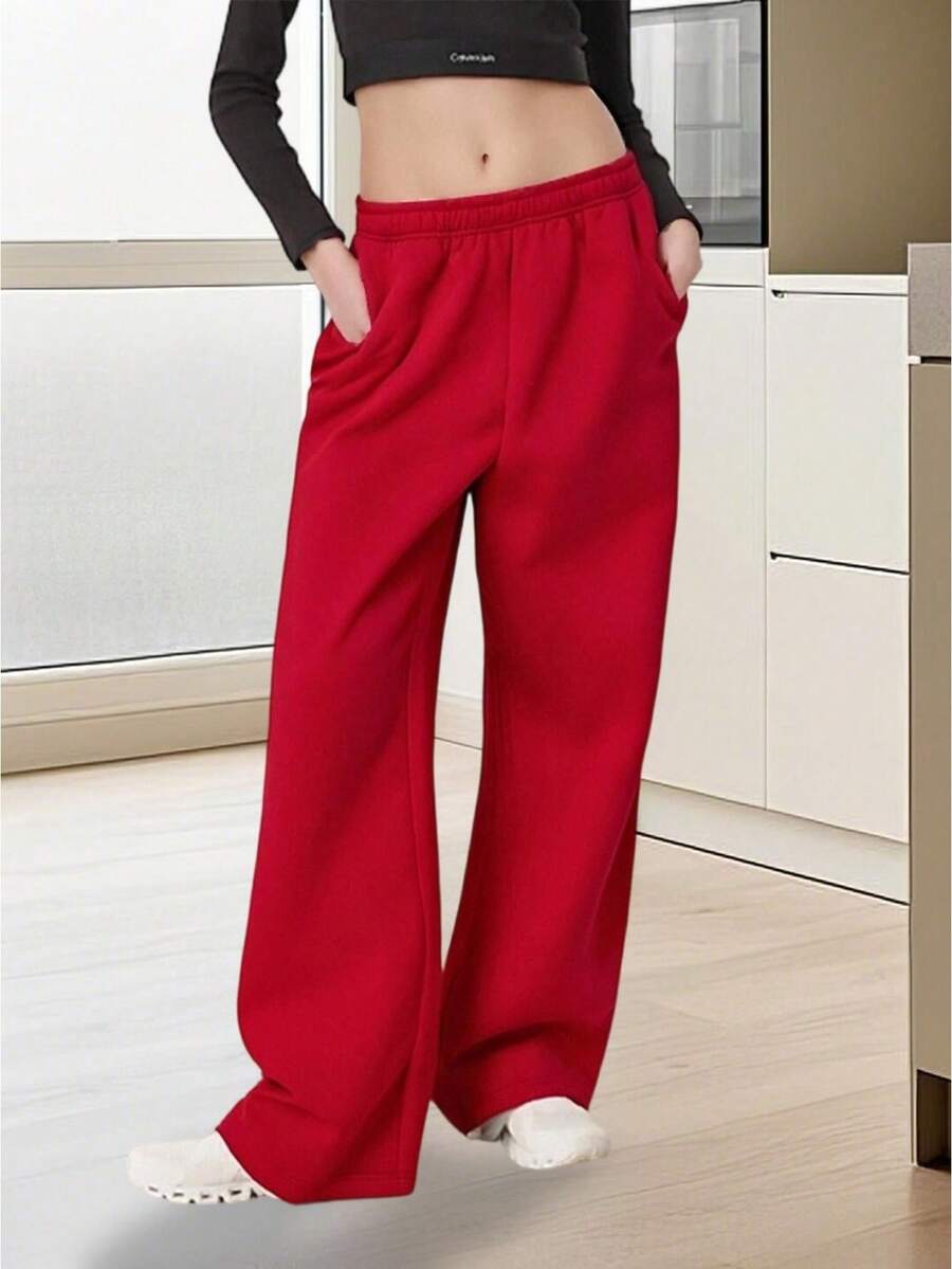 Women's Track Pants Elastic Waist Solid Color Causal Wide Leg Lounge Trousers With Pockets - Red - View 1
