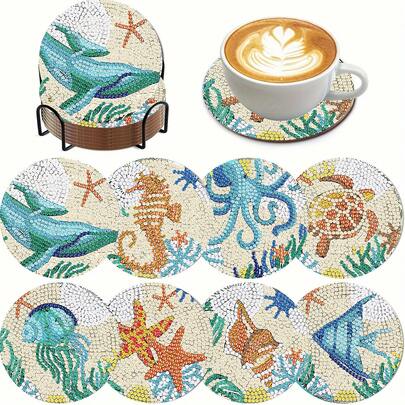 8pcs Underwater World DIY Diamond Painting Coaster Set, Round Bright Diamond Surface, Sturdy Adhesive With Full Tools, Easy For Beginners, Stress Relief Handcraft, New Year, Valentine's Day, Christmas, Teacher's Day Gift, Home Decor Coasters For Family, Friends, Girlfriend, Teacher