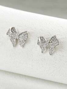 Gift Box Elegant Pave Butterfly Stud Earrings, Full Crystal Rhinestone Bow Design Silver Tone, Sparkling Bridal & Wedding Jewelry, Classic Luxury Gift - Silver - View 4