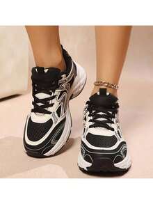 New Style Women's Casual Sports Shoes, Platform Sports Shoes, White Lace-Up Round-Toe Blended Material, Breathable, Versatile, Printed Graffiti, College Style, Suitable For Students, Outdoor Hiking, Casual Wear And Commuting. - 黑色 - 查看 3