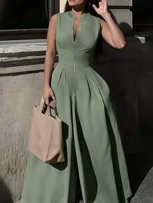 Women's Summer Solid Color Front Zipper Waist Pleated Jumpsuit Elegant - Dark Green - View 4