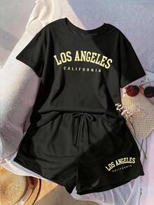 Women's Casual Round Neck Plus Size Los Angeles California Print Round Neck Drop Shoulder T-Shirt And Shorts Set, Suitable For Summer Wear Black Elegant - Black - View 1