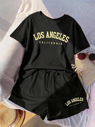 Women's Casual Round Neck Plus Size Los Angeles California Print Round Neck Drop Shoulder T-Shirt And Shorts Set, Suitable For Summer Wear