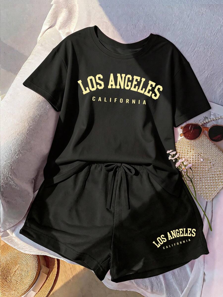 Women's Casual Round Neck Plus Size Los Angeles California Print Round Neck Drop Shoulder T-Shirt And Shorts Set, Suitable For Summer Wear Black Elegant - Black - View 1