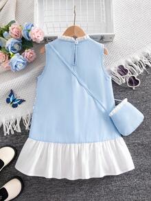 女孩夏季时尚亮片撞色拼接可爱蝴蝶结甜美荷叶边领无袖连衣裙，附赠包包 - 淺藍色 - 查看 3