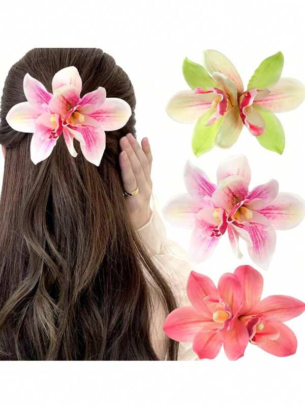3pcs/1set Orchid & Phalaenopsis Flower Hair Clips - Pink, Red, Green Floral Hair Accessories Suitable For Women - Fits Various Hair Types - Suitable For Beach, Wedding, Party, Daily Wear, Including Hair Claws, Hair Clips, Hair Pins, Flower Hair Clips