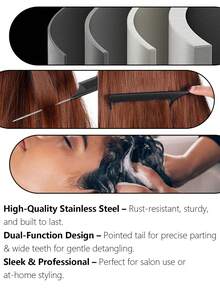 1/3/10支装钢制尖尾梳、碳纤维耐热梳、不锈钢尖尾梳 - 黑色 - 查看 5