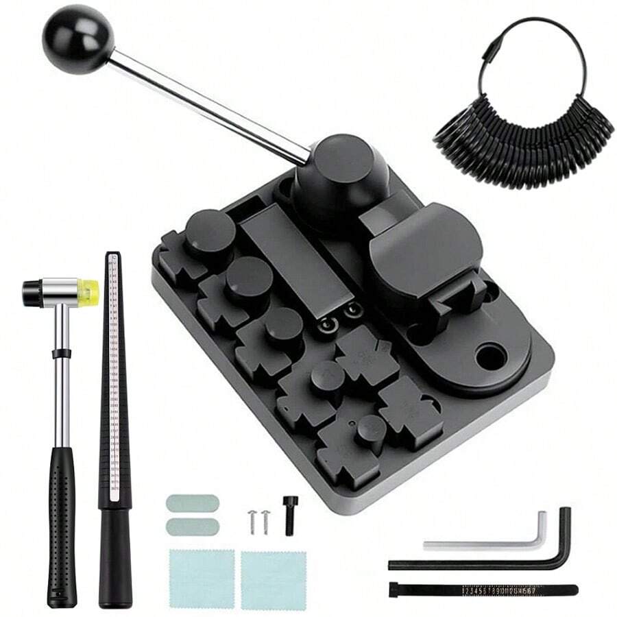 Bộ dụng cụ uốn nhẫn có thể điều chỉnh, bao gồm búa làm đồ trang sức, vòng đo tái sử dụng, thước dây đo kích cỡ nhẫn, dụng cụ uốn nhẫn và bông tai, dụng cụ sửa chữa máy uốn đồ trang sức đa chức năng. - Bộ dụng cụ uốn - Xem 1