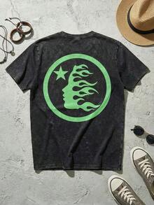 Blue Shooting Star Logo Graphic Tee Unisex Couple Matching Boyfriend Style Hell Star Double Sided Print Electric Color Y2K Aesthetic Acid Washed Cotton Graphic Tees Men Oversized T Shirt Summer Outfits Camisetas Para Hombre,Mens Clothes,Graphic Tee,Summer Clothes,Summer Tops,Easter Outfits,Spring Clothes ,Shirts - 黑4 - 查看 5