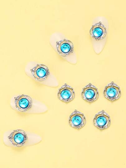 10pcs Blue Hollow Round Nail Art Decorations, Metal Nail Jewelry, Luxury Nail Stickers, DIY Nail Accessories, Women/Girls Metal Nail Supplies, Nail Art Gems