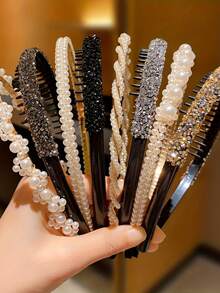 4 Pcs Faux Pearl Headbands With Rhinestones, Fashionable Design, Suitable For Daily Wear For Women - Multicolor - View 3