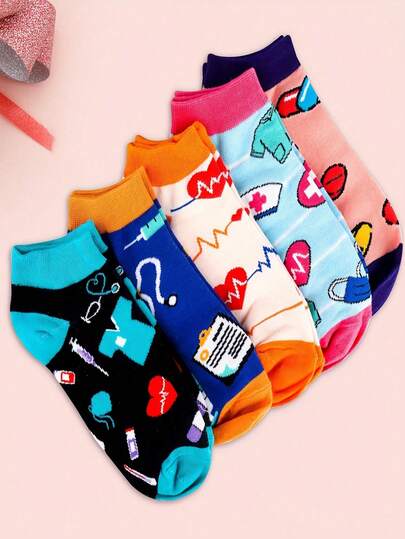5 paia/1 paio di calzini alla caviglia multicolore a tema infermiere, calzini da infermiera divertenti, calzini corti da donna, adatti per infermieri, medici, assistenti medici, unisex, calzini formali alla moda con taglio basso