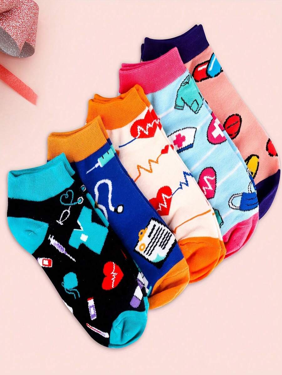 5双/1双多色护士主题短袜，趣味护士袜，女士隐形袜，适合护士、医生、医务助理，男女通用，时尚正式低帮袜 - 彩色 - 查看 1