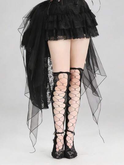 1 Pair Summer Sheer Sexy Hollow Rose Thigh High Stockings, Personalized Gothic/Punk Sexy Gal Criss-Cross Strap Fishnet Thigh High Socks Y2K Colorful Stockings