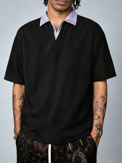 男士时尚拼接 Polo 领短袖衬衫，休闲百搭，轻便透气，适合户外活动和健身。