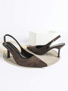 7厘米咖啡棕色绒面高跟鞋，尖头套脚派对婚礼正式场合鞋 - 棕色 - 查看 4